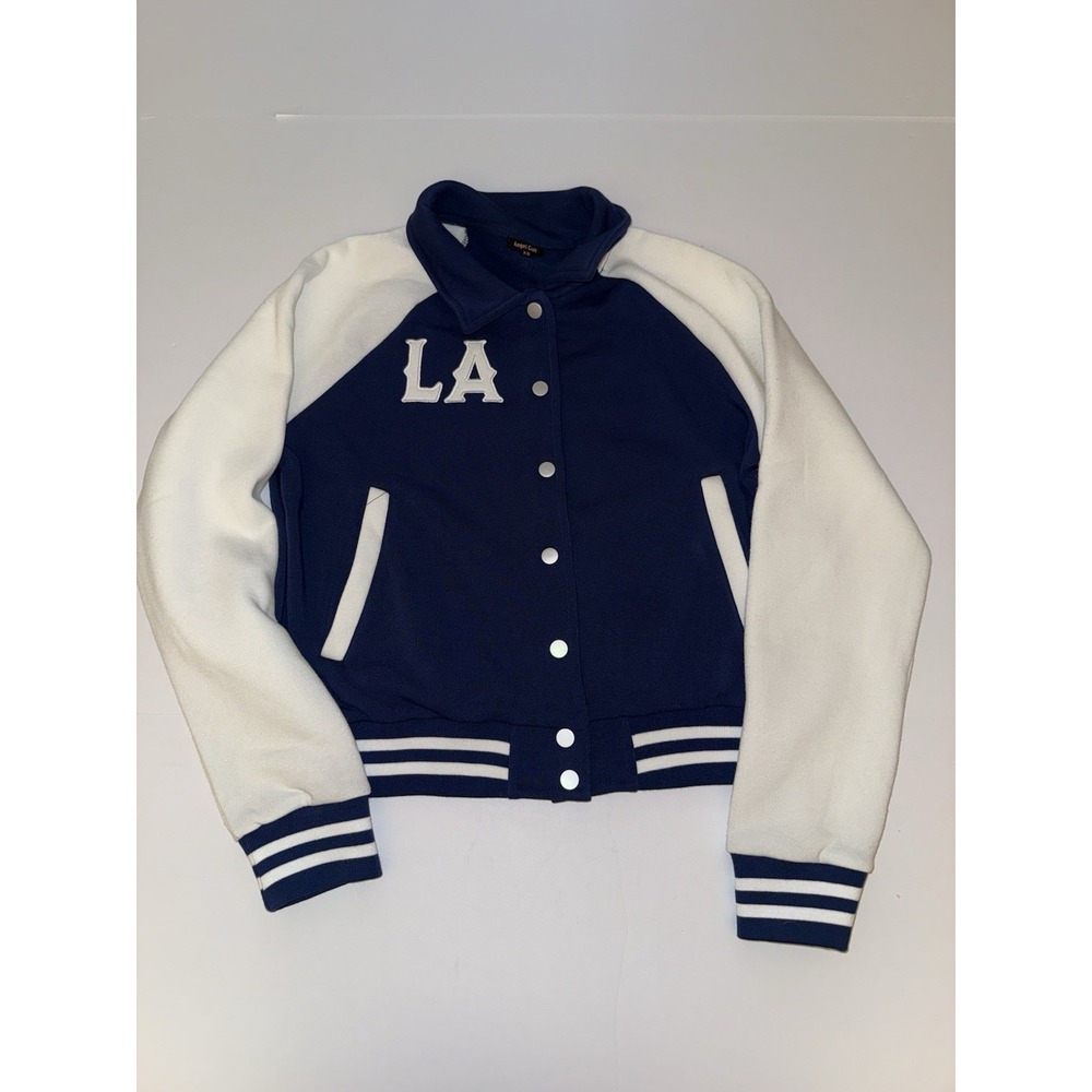 Angel Cult Women Varsity Jacket XS Blue White LA Snap Front Croppe Stripes NEW